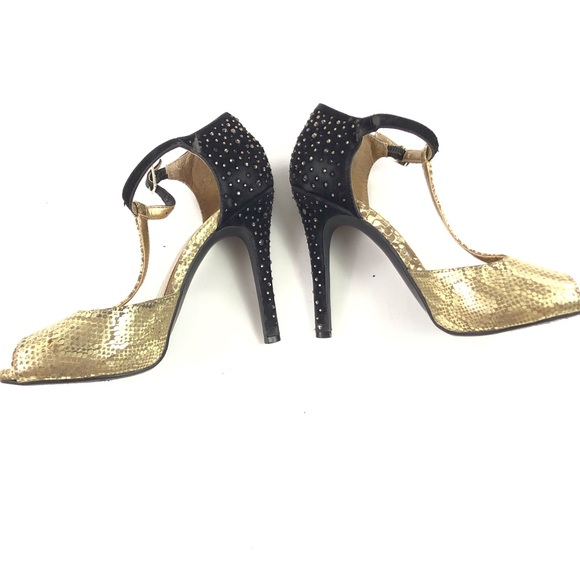 BCBG Gold Peep Toe Jeweled Stiletto Heels 6 36 - Picture 5 of 8